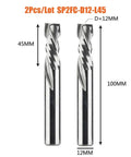 Badass Two Flute Compression End Mill For Pro Woodworking Router Bits Featuring Heavy Duty Carbide Steel And Up Down Spiral Geometry For Zero Friction Cuts No Sweat Guaranteed Pack Of 2, showing two 100mm long mill bits.