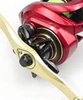 Upgrade Your Reel Game With This Smooth Turning Aluminum Alloy Crank Arm And Knob Handle Upgrade Kit Designed For Right Hand Fishing Spools To Boost Leverage And Efficiency While Drilling Into Those Big Catch Sessions. red right-hand baitcasting reel with gold aluminum crank arm