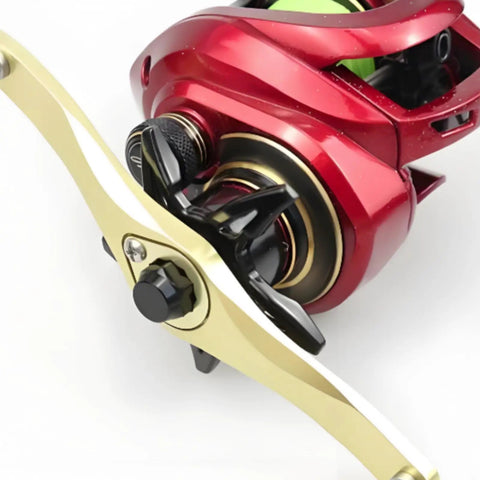 Vaveren Fishing Reel Handle Upgrade Kit Aluminum Alloy Crank Arm Knob Gold Right Hand Lightweight Hollow Machined Body close-up