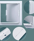 Rock Hard Eight By Eight Inch Drywall Access Panel Two Pack ABS plastic wall cover plate, showing hinges and flush design.