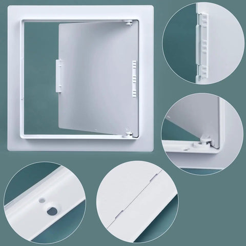 Rock Hard Eight By Eight Inch Drywall Access Panel Two Pack ABS plastic wall cover plate, showing hinges and flush design.