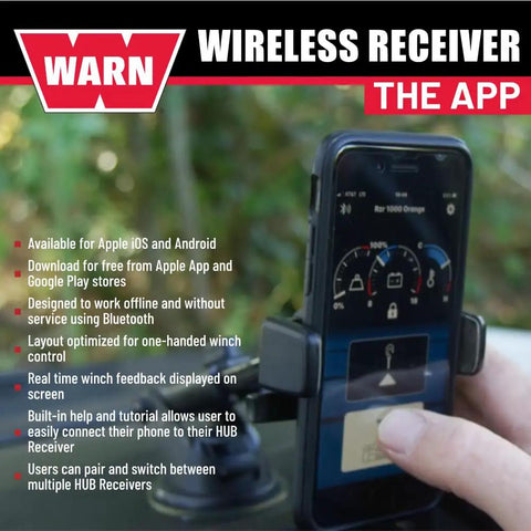 Smartphone displaying HUB app for wireless control of winch, compatible with Hub Wireless Receiver for Powersports Winches.