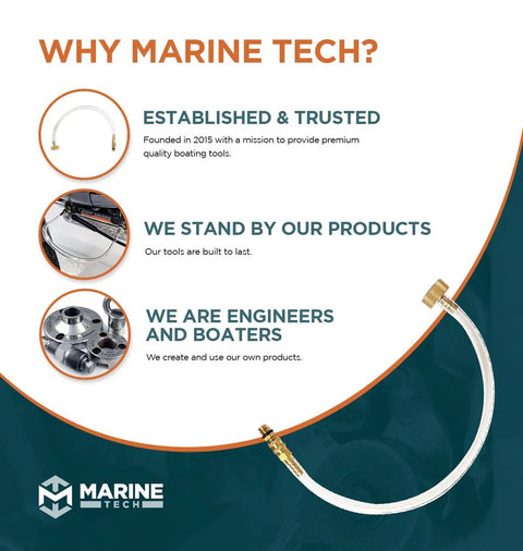 Image of Marine Tech products showing Seastar Hydraulic Steering Filler Kit With Swivel next to brand values.