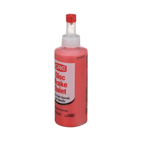 CRC Disc Brake Quiet bottle, 4 oz, pink liquid with red cap.