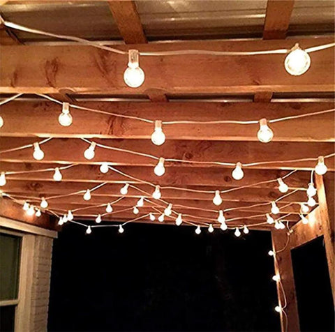 25Ft LED String Lights With 27 Shatterproof Clear Globe Bulbs Dimmable And Energy Efficient Connectable on wooden pergola