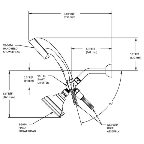 Technical diagram of Caspian Anystream 2 Way Shower System With Handheld Head 2.5 GPM Brushed Nickel Finish Ergonomic Grip 360 Degree Spray Transitions