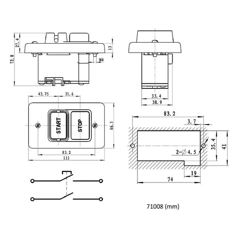 Technical diagram of Dual Voltage Paddle Switch For Woodworking Tools 120 To 230V 28 Amp Single Phase On Off, dimensions shown