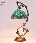 Green Stained Glass Dragonfly Tiffany Style Table Lamp With Metal Leaf Accent, 8 Inch Shade, On Bronze Resin Base, S622 Series