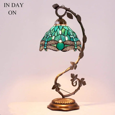 Green Stained Glass Dragonfly Tiffany Style Table Lamp With Metal Leaf Accent, 8 Inch Shade, On Bronze Resin Base, S622 Series