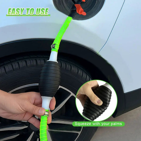Heavy Duty Liquid Siphon Pump With Three Foot PVC Hose, user squeezing pump to transfer fuel easily and efficiently.
