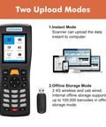 Pro Grade Wireless Barcode Scanner With Rechargeable Battery And 2 4 Ghz Rf Transceiver For Hassle Free Warehouse Inventory Tracking and Store Checkout Scanning showing display with upload modes.