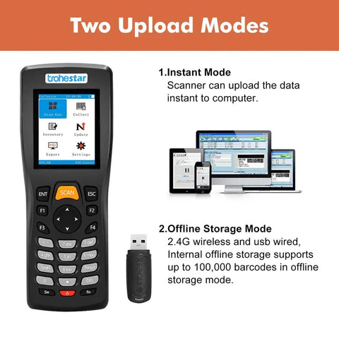 Pro Grade Wireless Barcode Scanner With Rechargeable Battery And 2 4 Ghz Rf Transceiver For Hassle Free Warehouse Inventory Tracking and Store Checkout Scanning showing display with upload modes.
