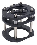 Precision Aluminum Router Lift With Four Jaw Metal Table Base Smooth Hand Crank Height Adjustment Zero Drama Setup For Serious Woodworking Enthusiasts Heavy Duty Frame With Hella Precise Depth Control Rock Solid Stability close-up view of black aluminum router lift base with stainless steel rods