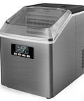 Portable Countertop Ice Maker Offers No Sweat Auto Cleaning And Straightforward Setup While Churning Out Rapid Ice Cubes Plus Whisper Quiet Runtime For Kitchen Home Or Bar Spaces, stainless steel design.