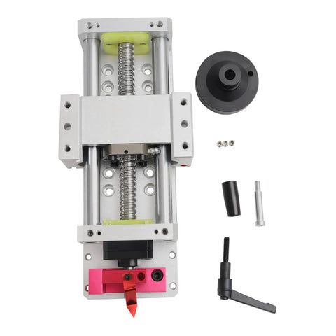 Rock Solid 100mm Travel Linear Stage Actuator With 1605 Ballscrew Manual Rail Guide For CNC Router And Dispensing Machines Double Optical Axis Plus Or Minus 0.05mm Precision Durable 606 Aluminum Construction shown with pink tool head and accessories