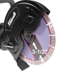 Close-up view of 9-Inch Electric Concrete Saw With a Beefy 1800W Motor showing 3-1/2 inch cut depth, circular blade detail, black casing.