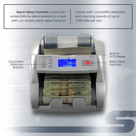 Workhorse Cash Counter With Counterfeit Detection UV MG IR DD DBL HLF CHN shows LCD and bills, counts 1700/min, 500 hopper.