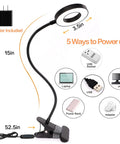 Clip On Desk Lamp With 48 LEDs, 3 Color Temperatures And 10 Dimmable Levels Per Mode, 30 Total Brightness Options, 360 Degree Adjustable Gooseneck displayed with power options