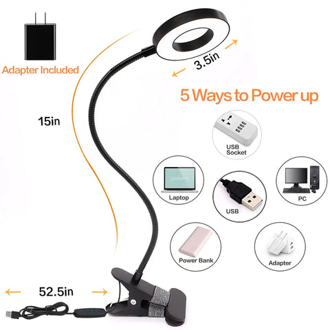 Clip On Desk Lamp With 48 LEDs, 3 Color Temperatures And 10 Dimmable Levels Per Mode, 30 Total Brightness Options, 360 Degree Adjustable Gooseneck displayed with power options