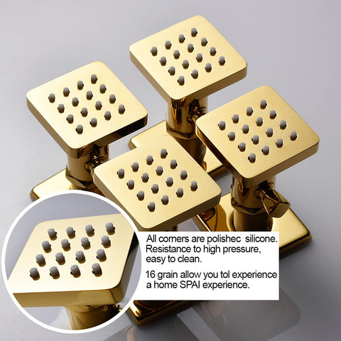 Polished gold square spray heads of Six Piece Adjustable Massage Body Shower Jets In Wall Shower System with silicone nozzles.