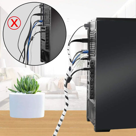 Clear Spiral Cable Wrap 12mm for Half Inch Cables 20 Ft Long Wrapping Range 9mm To 65mm Neat DIY Friendly Cord Organizer Sleeve showing organized cables on a PC
