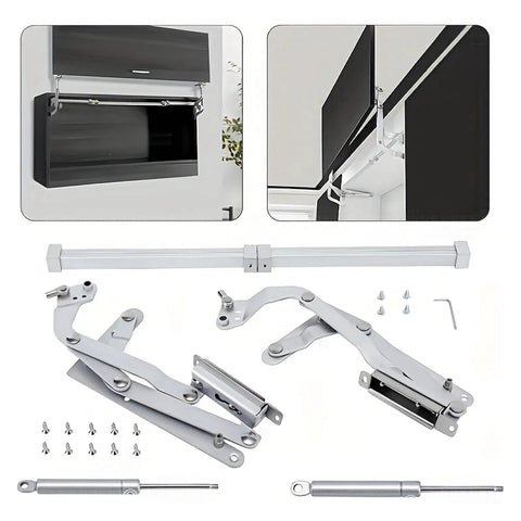 Folding Lift Cabinet Bracket With Pneumatic Buffer Adjustable 24 to 36 Inches Width Smooth Folding Motion, assembly parts displayed.