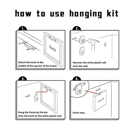 how to use hanging kit instructions with four steps detailing hook attachment and wall mounting