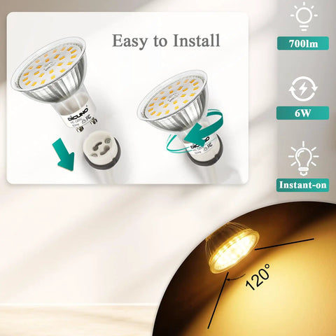 GU10 Dimmable LED Bulbs 2700K Warm White 700 Lumens 6W 120V for track lighting installation guide and beam angle