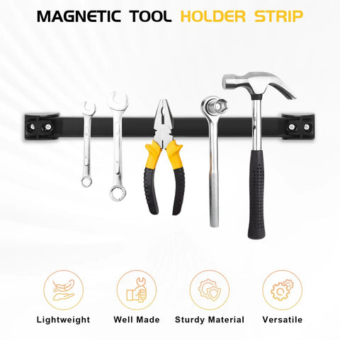 Front view of Heavy Duty 12 Inch Magnetic Tool Holder Strip 4 Pack with tools hanging, including wrenches and pliers.