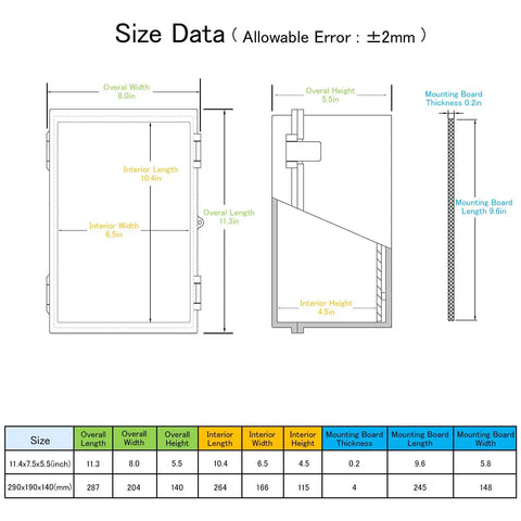 Technical diagram of IP65 Waterproof Junction Box Enclosure With Hinged Clear Cover, showing dimensions and mounting details.