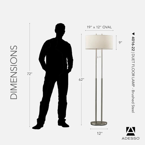 Brushed Steel Floor Lamp With Ivory Fabric Shade, Dual Pull Chain And Double Socket Design, Dope Modern Ambient Glow dimensions