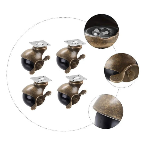 Vintage Brass Caster Plates With Rock Solid Swivel Wheels 2 Inch Heavy Duty Four Pack, close-up view of casters.