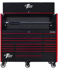 Tough As Nails Steel Tool Chest And Hutch Combo 72 By 30 Inches with open hutch and 19 drawers in black and red.
