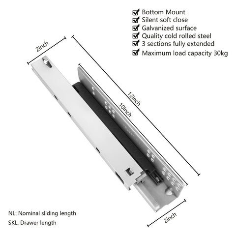 Dimensions and features of Two Pairs Undermount Drawer Slides With Soft Close Built Tough 10 Inch Full Extension Bottom Mount Heavy Duty