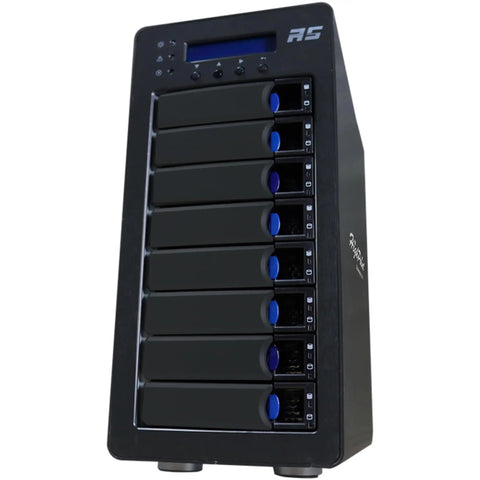 Slick Eight Bay Raid Storage Tower With Hot Swap Disk Slots And Kickass Fast Twelve Gb Sas Sata Hookup Solid Desktop Data Vault With Carrying Handle And Smart Led Panel, front view with disk slots.