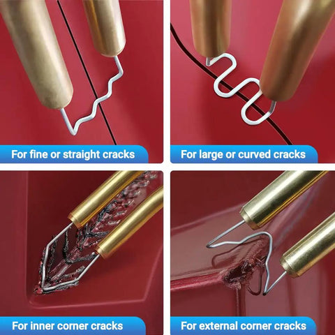 Hot Staples Plastic Welder Repair Kit With 1300 Pcs For Auto Plastic Repairs, showing staples for various crack repairs on red surface