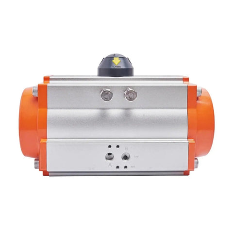 Heavy Duty Air Pneumatic Ball Valve Actuator Featuring Slick 90 Degree Rotation, showcasing robust silver and orange design.