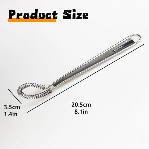 Two Piece Stainless Steel Mini Egg Whisk Set With Spring Coil Design For Effortless Mixing, Frothing And Beating In Coffee, Milk, Sauces And Desserts, Rust Resistant And Durable Handheld Kitchen Tool shown with dimensions