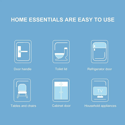 Icons of home essentials: door handle, toilet lid, refrigerator door, tables and chairs, cabinet door, household appliances.