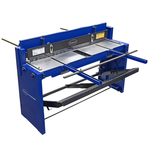 Heavy Duty Kickass Cast Iron Manual Stomp Shear Machine For Cutting Thick Sheet Metal And Aluminum Up To 14 Gauge With Razor Sharp Tool Steel Blades, showcasing the front view and cutting base.