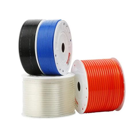 Real Deal PU Air Hose Tube Pipe For Compressor Tubing 20M Transparent Flex in black, blue, red, and clear rolls for garage setups.