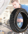 Hydraulic Hose Three Eighths Inch By One Hundred Feet Coiled, 4800 PSI, Dual High Tensile Steel Wire Braid in workshop with mechanic