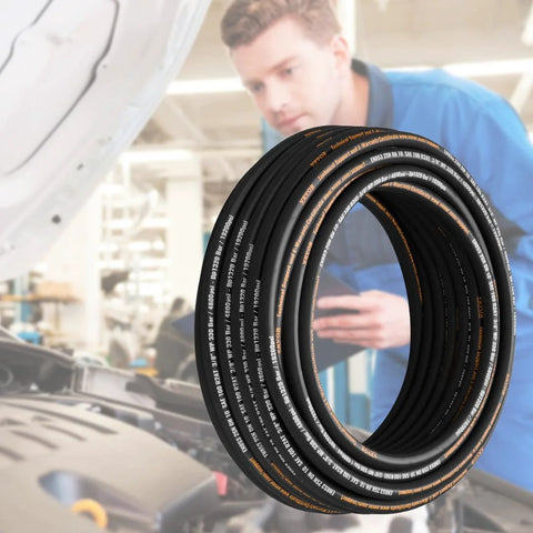 Hydraulic Hose Three Eighths Inch By One Hundred Feet Coiled, 4800 PSI, Dual High Tensile Steel Wire Braid in workshop with mechanic