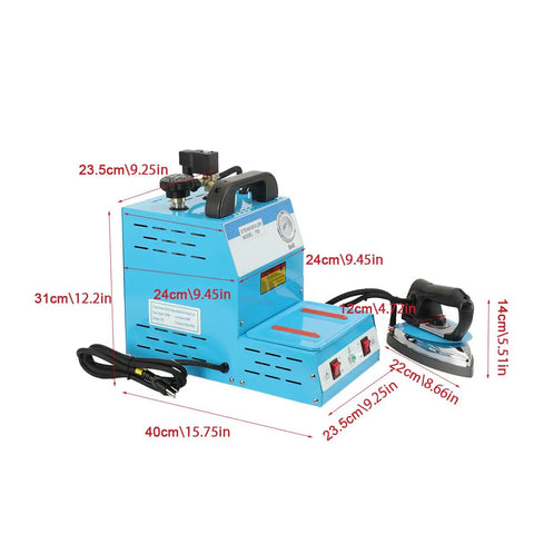 Heavy Duty Industrial Steam Iron Station With Pressurized Continuous Flow And Massive Four Liter Tank side view showing dimensions and controls.