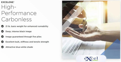 High-performance carbonless paper features with keys handover in background, highlighting 21 lb weight and smooth runnability.