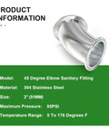 2-inch 304 stainless steel 45-degree sanitary elbow with flange and gasket set