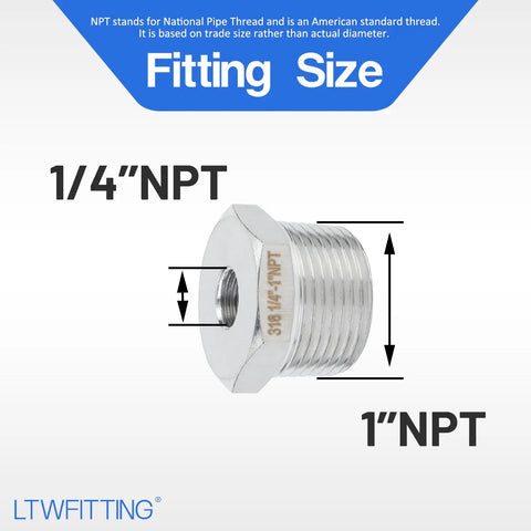 Stainless Steel 316 Hex Bushing Reducer Fittings One Inch Male To Quarter Inch Female NPT Pack Of One Hundred for Fuel Lines