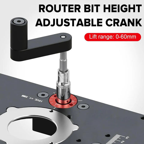 Router lift base crank for precise height adjust, 0-60mm range, part of Shop Ready Precision Router Lift Base With Smooth Height Adjust Insert Plate For Woodworking Tables Micro Tuned Down To 1/64 Inch Dead Nuts Stable Pro Grade Hardware.