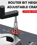 Heavy Duty Aluminum Killer Precision Router Lift System With Dead Tight Height Adjustments Down To One Sixty Fourth Inch For No Slope Woodworking Inserts showing adjustable crank.