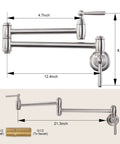 Brushed Nickel Pot Filler Faucet Wall Mount With Double Joint Swing Arms And Two Handles High Flow Brass Stove Faucet For Cold Water Only Eco Friendly Solid Brass Construction